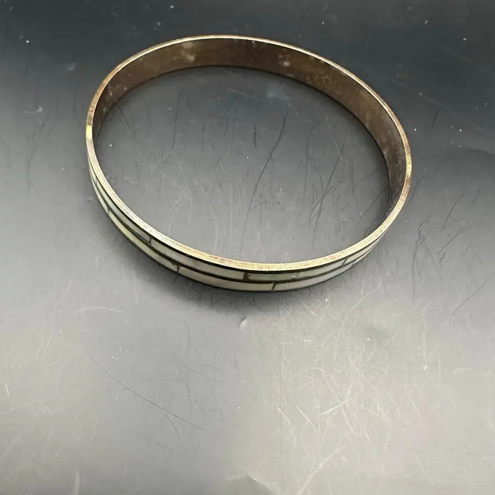 Mother of Pearl Brass Bangle Bracelet Summer MOP Retro Boho Bohemian Jewelry